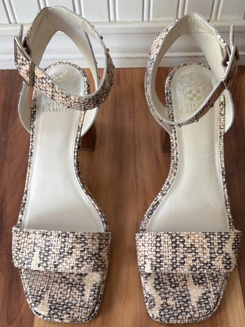Vince Camuto Multi-Beige Tweed Ankle-Strap Block Heel Sandals